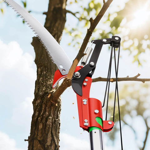 Close-up of Extendable Manual Pole Saw With Eight Section Reach Up To 27 Feet cutting a branch, sharp 65Mn steel blade in action.
