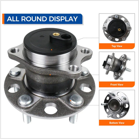 All round display of rear wheel bearing and hub assembly for your ride 5 lug with ABS fits 2007 2016 Jeep Compass