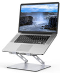 Adjustable Laptop Stand For Desk With Ergonomic Design, Ventilated Cooling, And Foldable Metal Riser holding a laptop