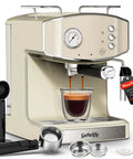 Straight Up Retro 20 Bar Espresso Machine With Integrated Milk Frother And ESE Pod Compatible Setup Featuring Pressure Gauge Plus 54 Oz Removable Water Tank For True Coffeeheads brewing espresso shot with dual shot cups.