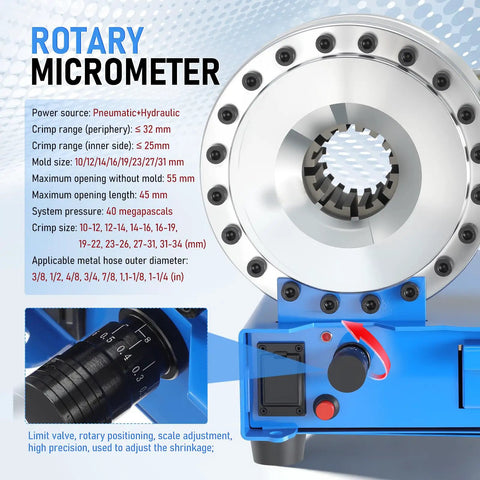 Industrial Grade Pneumatic Hydraulic Hose Crimping Machine With Air Over Oil Technology, rotary micrometer detail with pressure specs.