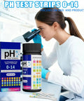 200 Count pH Test Strips 0-14 Universal Litmus Paper for Liquid Testing next to woman using microscope in lab.