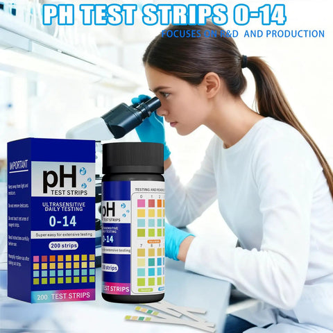 200 Count pH Test Strips 0-14 Universal Litmus Paper for Liquid Testing next to woman using microscope in lab.