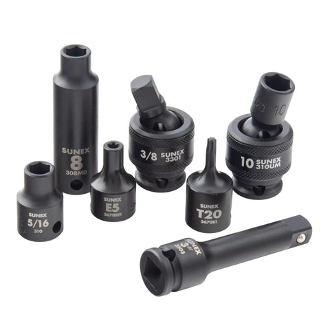 Close-up of 80 Piece 3/8 Inch Drive Master Impact Socket Set with Universal, Star and External Star Sockets, CR-MO Steel.