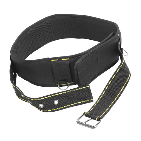 Heavy Duty Adjustable Tool Belt With Quick Release Buckle, made from tough black fabric, designed for electricians and carpenters.