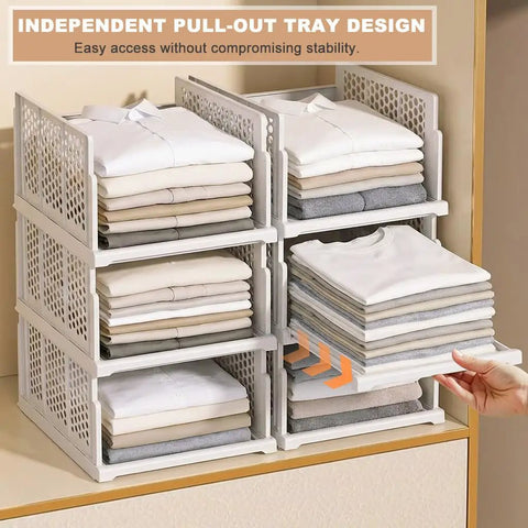One Hand Pull Out Closet Organizers Pack Of Five With Smooth Sliding Wardrobe Drawers holding folded clothes