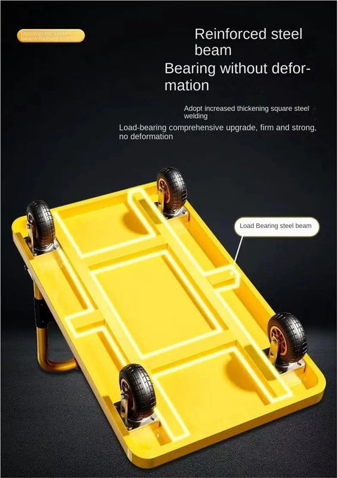 Beefy Workhorse Heavy Duty Platform Truck Hand Push Cart For Material Handling With Quiet Durable Wheels 360 Degree Swivel Back Wheels And Easy Maneuverability For Wide Use, yellow steel platform cart underside