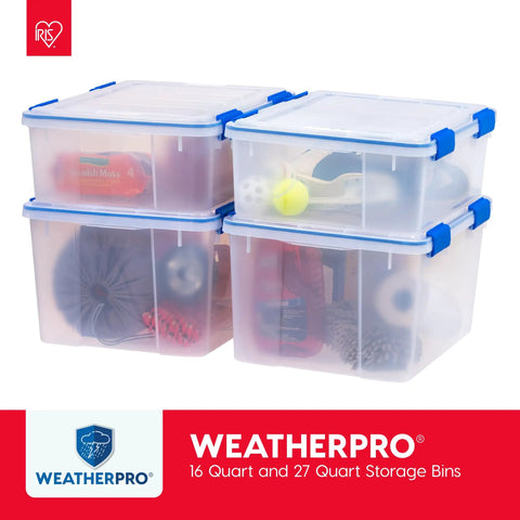 16 Qt Weatherproof Storage Bins With Lids 3 Pack BPA-Free Plastic Gasket Boxes stacked with garage items