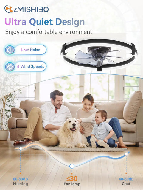 20 Inch Low Profile Ceiling Fan With Lights And Remote, Flush Mount Fandelier, Dual Ring Lit RGB Mood Lighting in modern living room.