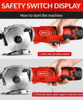 Sencan Cordless Electric Rotary Shear Cutter safety switch guide for operation, showing hand positioning and switches.