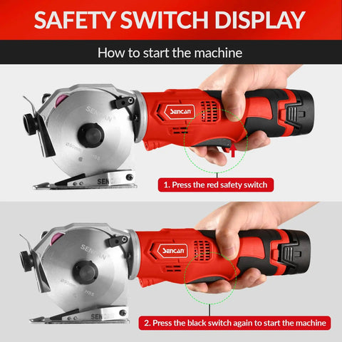 Sencan Cordless Electric Rotary Shear Cutter safety switch guide for operation, showing hand positioning and switches.