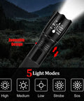 2-Pack Zoomable LED Flashlights With 5 Modes showing zoomable design and light modes in outdoor setting