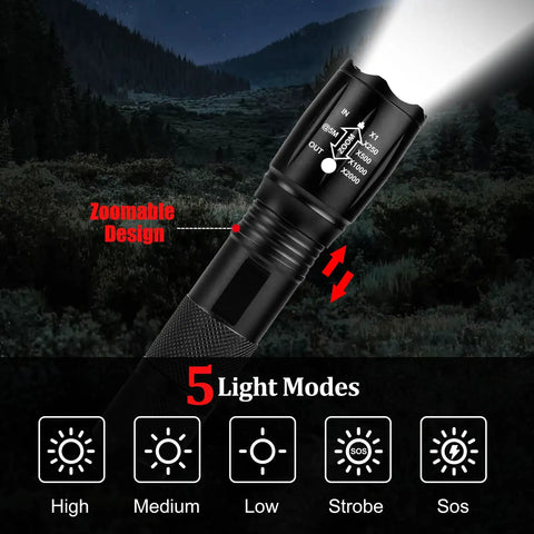 2-Pack Zoomable LED Flashlights With 5 Modes showing zoomable design and light modes in outdoor setting