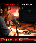 Person streaming with PD100W Wireless USB Dynamic Microphone For Gaming And Streaming, headset, RGB lighting control panel on screen.