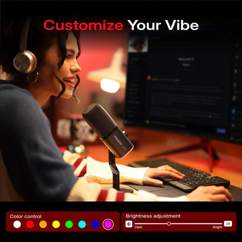Person streaming with PD100W Wireless USB Dynamic Microphone For Gaming And Streaming, headset, RGB lighting control panel on screen.
