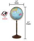 12-inch globe on a turned wood pedestal with a metal base; world map globe for home decor