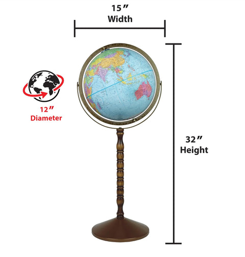 12-inch globe on a turned wood pedestal with a metal base; world map globe for home decor