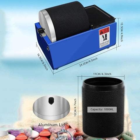 Electric Rock Tumbler Kit With Leakproof Rubber Barrel Quiet Motor Easy Settings Pro Grade Durable Build For Polishing Crystals Stone Glass Metal Starter Friendly For Beginners And Pros dimensions and aluminum lid visible in close-up on beach.