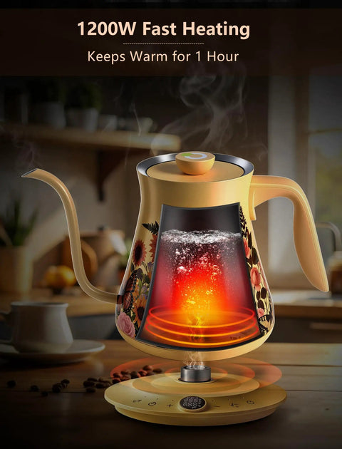 Floral Design Gooseneck Electric Kettle With 0.8L Capacity Precise One Degree Fahrenheit Temperature Control 1200W Fast Heat Auto Shut Off Built In Brew Timer BPA Free Stainless Steel For Pour Over Coffee And Tea Lovers.