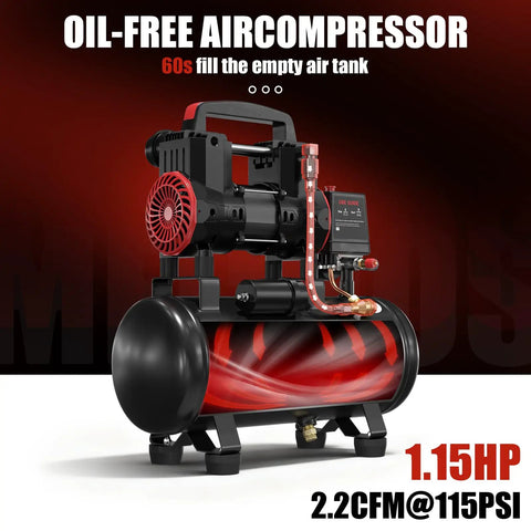 Portable 3 Gallon Oil Free Air Compressor With Steel Tank, 1.15 HP Max 116 PSI, 2.2 CFM For Tire Inflation Nail Gun Garage Home Use 110V Power Plug Durable And Easy To Store Lightweight Design