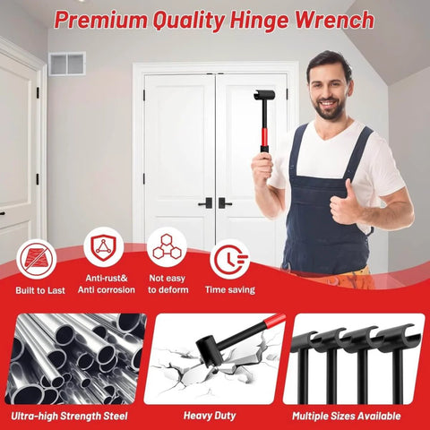 Man holding 4 In 1 Door Hinge Adjustment Tool Set With Replaceable Heads For 14mm To 25mm Hinges in a room setting.