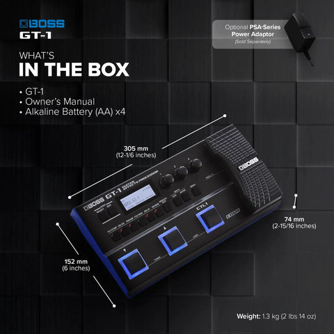 Box contents of GT1 Compact Guitar Effects Processor with manual, batteries, dimensions labeled