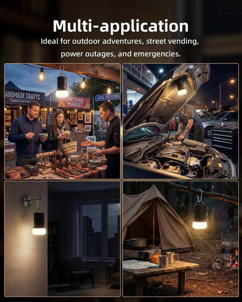 Rechargeable LED Camping Lantern With 6000mAh Battery Emergency Outdoor Tent Light For Power Outages in various settings.