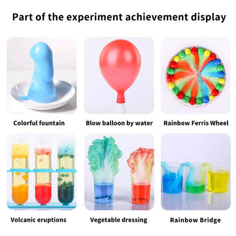 Over 220 Lab Experiments Science Kit for Kids STEM Learning Toys showing colorful fountain and rainbow experiments