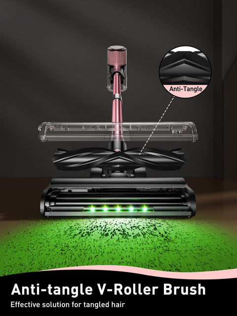 Cordless Vacuum Cleaner 8 In 1 With Beastly 45KPa Suction, anti-tangle V-roller brush close-up, LED display, pink