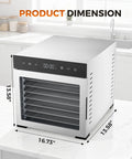 Solid Food Dehydrator With Eight Stainless Steel Trays For Fast Jerky And Fruit Drying features dimensions 16.73x13.58 inches.