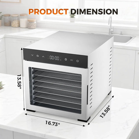 Solid Food Dehydrator With Eight Stainless Steel Trays For Fast Jerky And Fruit Drying features dimensions 16.73x13.58 inches.