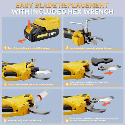 Pro Max 21V Brushless Electric Pruning Shears For Heavy Duty Branch Cutting Up To One Point Two Inch Thick Wood showing blade replacement steps.