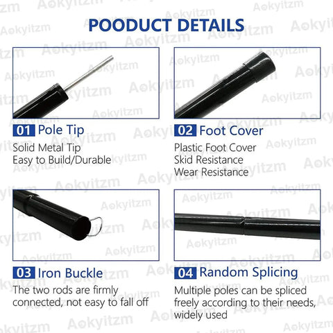 Adjustable Portable Tent Poles 74.8 Inches Beefy Rustproof Thickened Iron Stakes with details like pole tip and foot cover