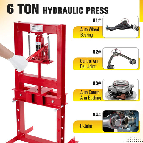 6 Ton Hydraulic Shop Press With H Frame For Auto Bending And Stamping Adjustable Benchtop And Floor Press Plates Built To Last Red Garage Press For DIY Projects showing metal parts compatibility