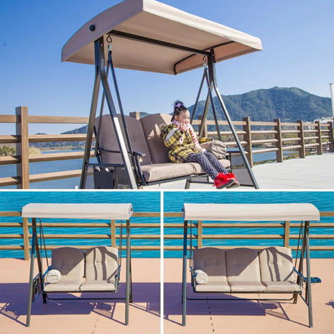 Woman sitting on a swing with a Waterproof Outdoor Swing Canopy Replacement For 2 To 3 Seater Universal Patio Cover Khaki 79x49 Inches