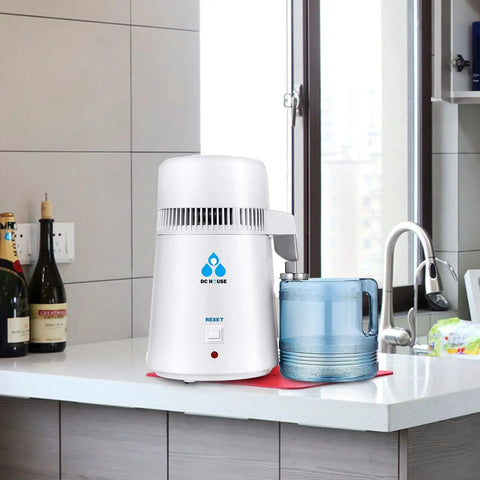 No Fuss Everyday Home Water Distiller 1 Gallon Maker 750W Power 4L Capacity Delivers Pure Distilled Water for Drinking on Kitchen Countertop CPAP Humidifier Compatible Easy Pour Plastic Reservoir on kitchen counter