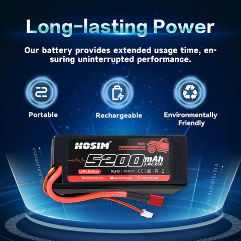 2S 7.4V 5200mAh LiPo RC Battery With 25C Discharge For 1/10 Scale Cars, Trucks, And Boats Fits X07, X07W, X08, X15W