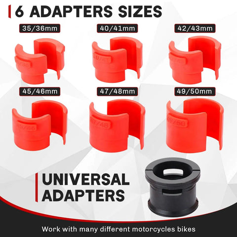 Universal Motorcycle Fork Seal Driver Kit With Six Adapter Sizes for varied motorcycle front forks, red and black adapters shown