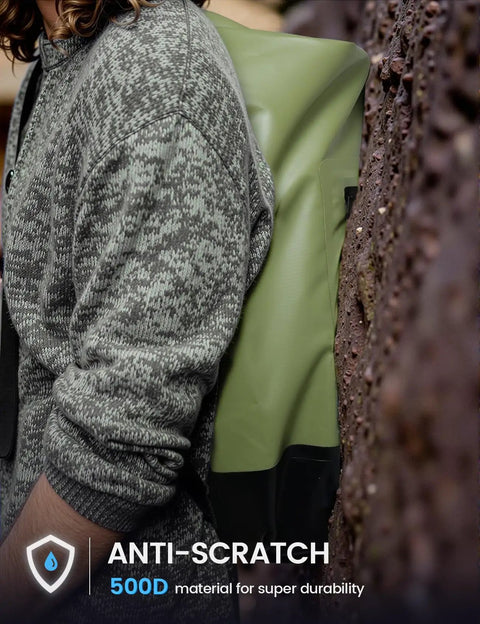 Close-up of person wearing waterproof dry bag with phone pouch and floating roll top backpack 10L green built for everyday adventures.