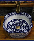 Handcrafted Blue And White Ceramic Vessel Sink With Zero Absorption Glaze Heavy Duty Build For Daily Use Knockout Countertop Basin, top view