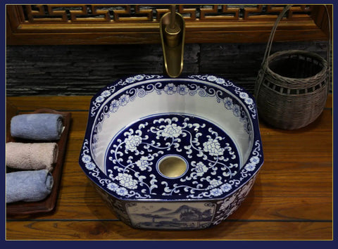 Handcrafted Blue And White Ceramic Vessel Sink With Zero Absorption Glaze Heavy Duty Build For Daily Use Knockout Countertop Basin, top view