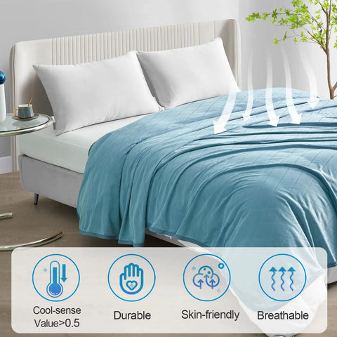 Upgraded Jade Fiber Cooling Throw Blanket With Q Max 0.5 on bed, lightweight breathable summer cover for hot sleepers, 50x70