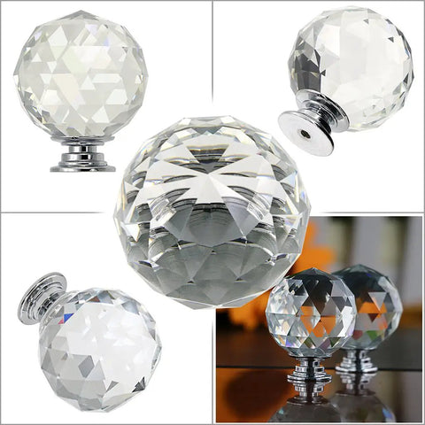 No Hassle Premium Clear Glass Crystal Cabinet Knobs 8 Pack Round Drawer Pulls With Slick Mirror Shine Including Three Mounting Screws For Quick Home Decor Refresh Project, close-up view of shiny crystal knobs.