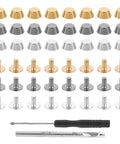 Top Tier Brass Purse Feet For Handbags And Totes - Screw Back Badass Bottom Guards shown with hardware kit and tools.