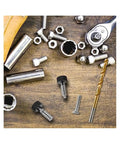 Spring Plunger Handle Quick Release Pins Kit with Knurled Handle and Stainless Steel Lock M6 pins on toolbox surface with tools