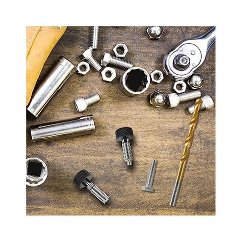Spring Plunger Handle Quick Release Pins Kit with Knurled Handle and Stainless Steel Lock M6 pins on toolbox surface with tools