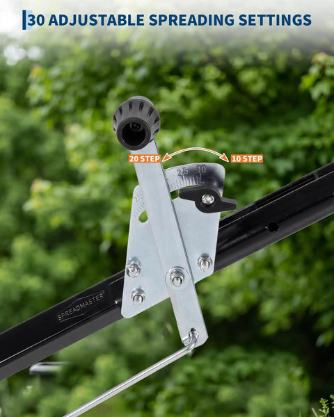 Adjustable flow control handle on Beast Of A Heavy Duty Walk Behind Lawn Spreader With 80 Lb Capacity, showing 30 spreading settings.