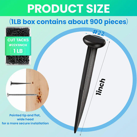 Real Deal One Pound Carton Of Black Upholstery Tacks For Furniture And Stairs Tough As Nails Cut Nails No Fuss Pick For Securing Runners And Quick Fixes size details with a #22 black cut tack shown next to a wooden surface.