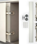 Beefy Heavy Duty Sliding Cabinet Door Hinge Handles Up To 17.6 Lbs For Single Doors 11.8 To 23.6 Inches Wide And 15.7 To 31.5 Inches High With Smooth Sliding Action For Everyday Use 1 Pack installed on a cabinet with components displayed.