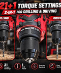 Rugged Boss Level 21V Brushless Cordless Drill Driver Kit Delivers 40Nm Kick Torque Two Speed Gears All Metal Chuck Bundle Drops showing 21+1 torque settings for drilling and driving.